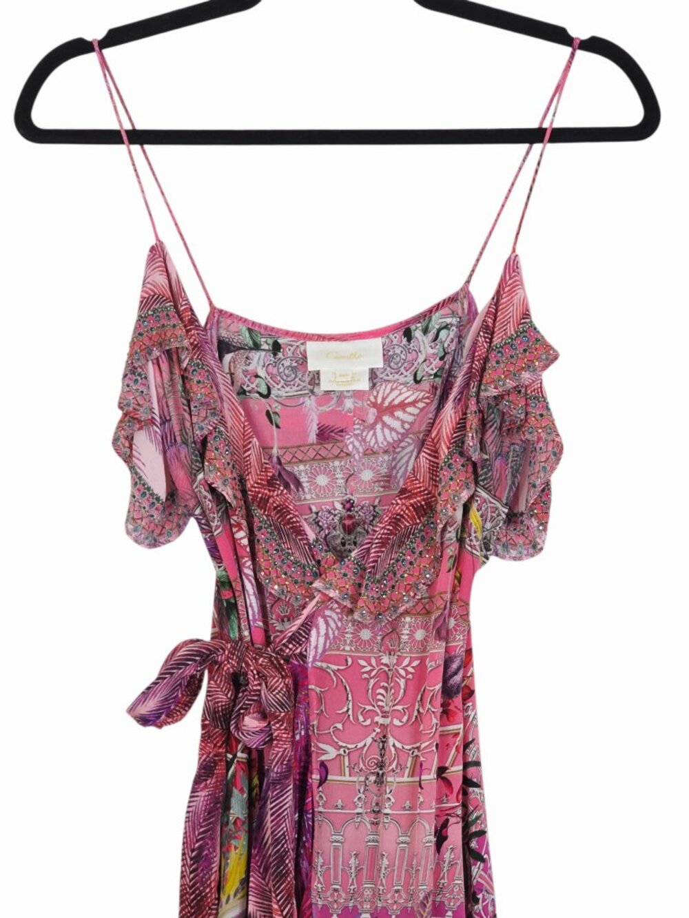 Camilla Long Wrap‎ Midi Dress Glasshouse Romance Pink Frill Rhinestone Size XXS - Picture 5 of 13